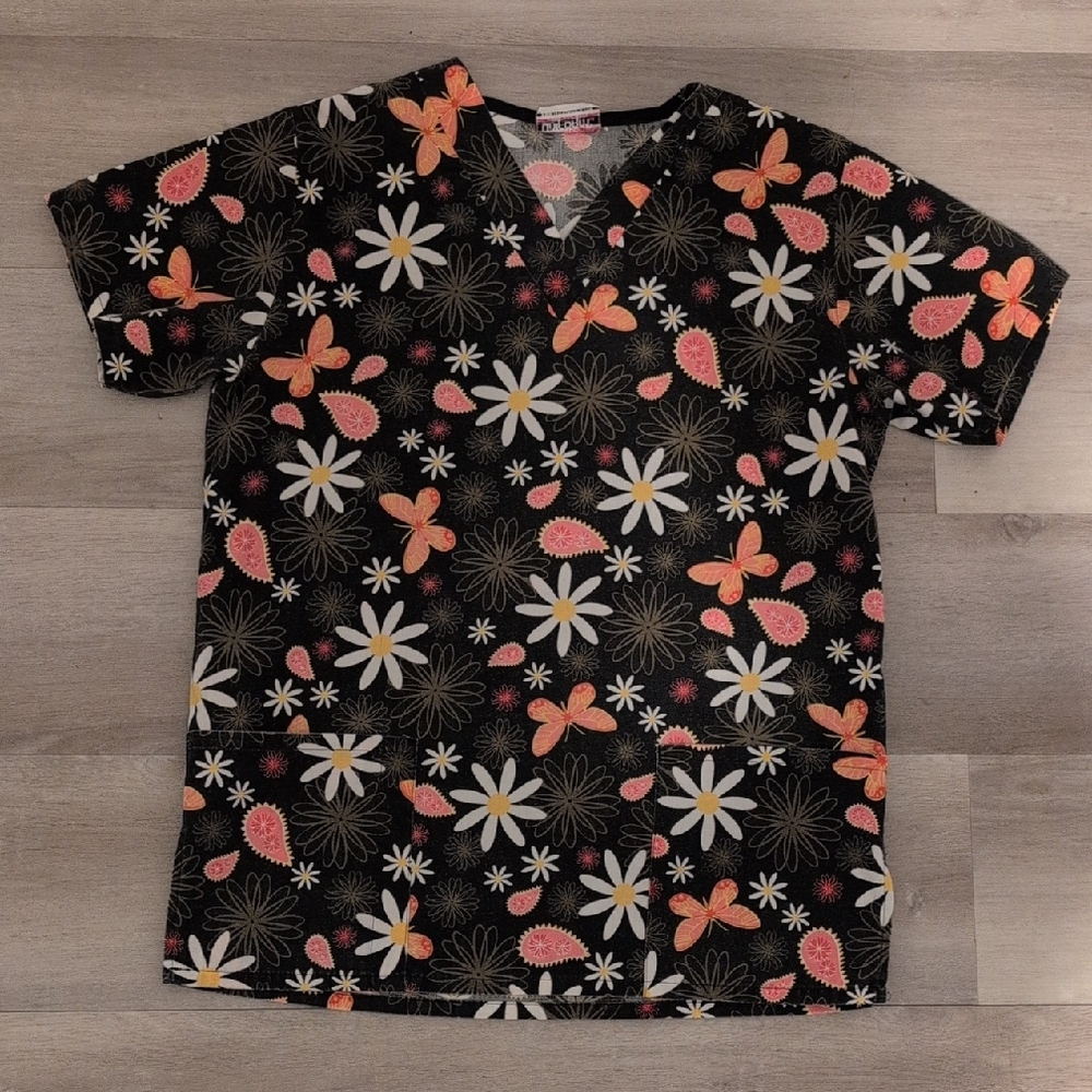 Jasco Butterfly, Daisy & Paisley Printed Scrub Top - XS